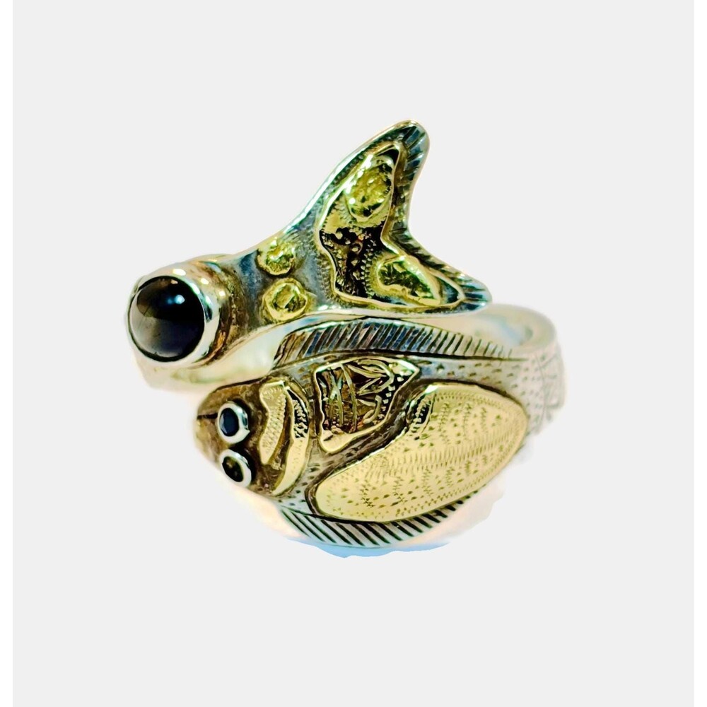 Vintage Fish Ring, Sterling Silver, By-Pass, Obsidian Spinel Handcrafted Size 12